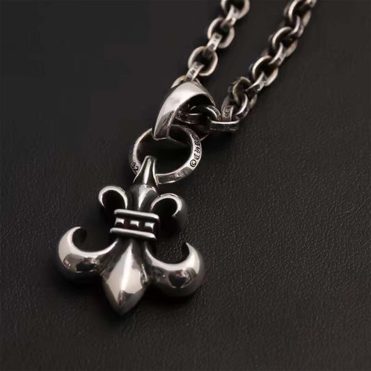 Sterling Silver Necklace Pendant, Gothic Scout Flower Silver Pendant, Punk Fleur De Lis Charm