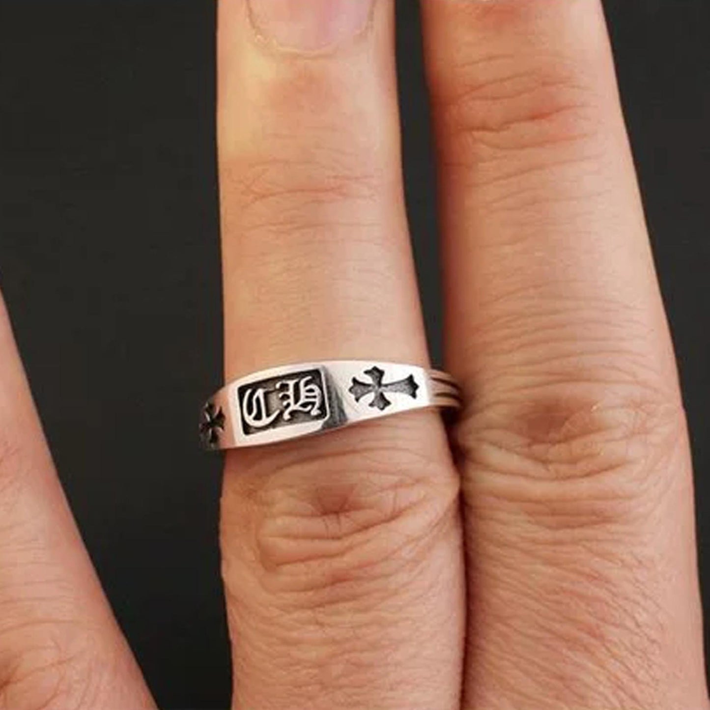 Sterling Silver Gothic Cross Design Ring, Silver Letters Engraved Statement Ring