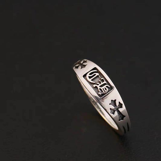 Sterling Silver Gothic Cross Design Ring, Silver Letters Engraved Statement Ring