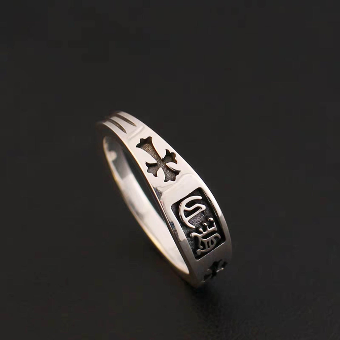 Sterling Silver Gothic Cross Design Ring, Silver Letters Engraved Statement Ring