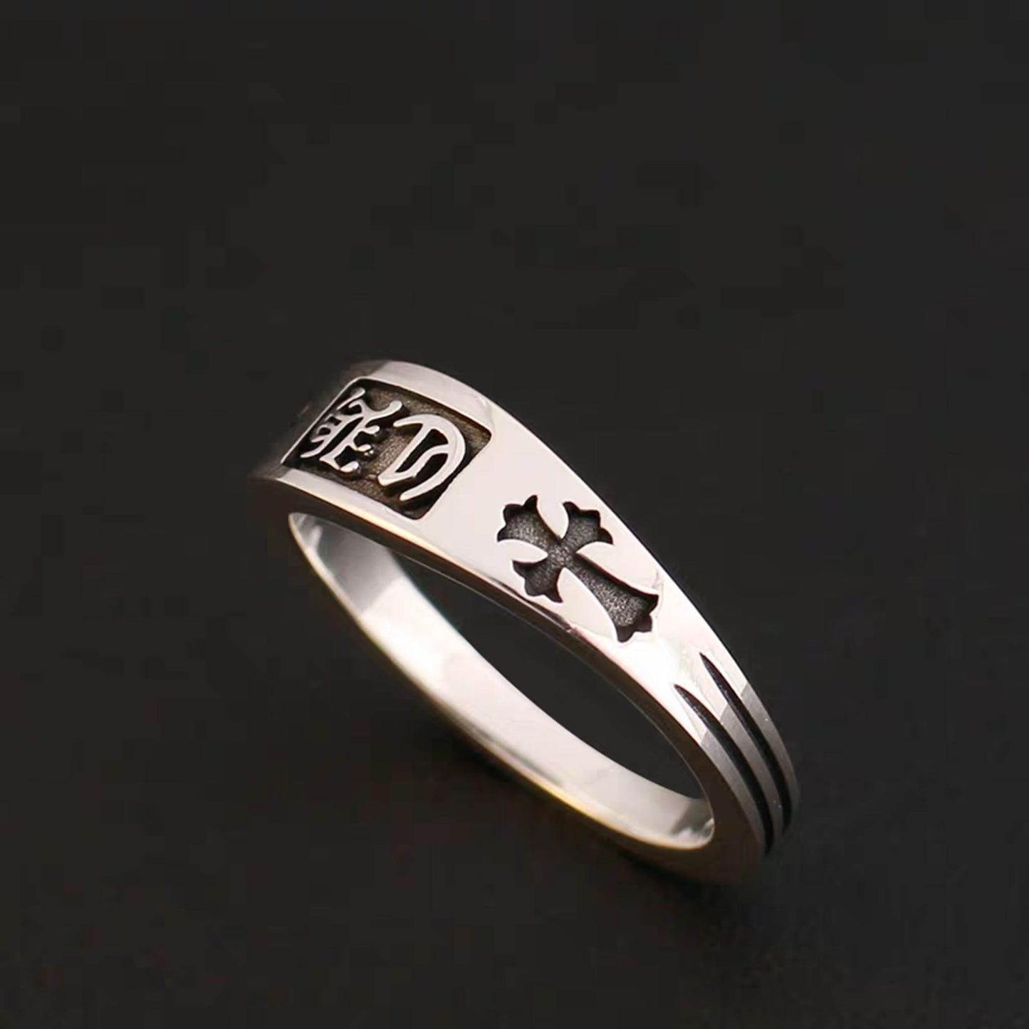 Sterling Silver Gothic Cross Design Ring, Silver Letters Engraved Statement Ring