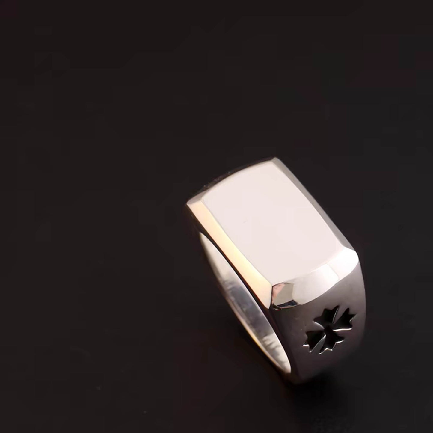 Sterling Silver Gothic Flower Design Ring, Silver Square Glossy Surface Punk Statement Ring