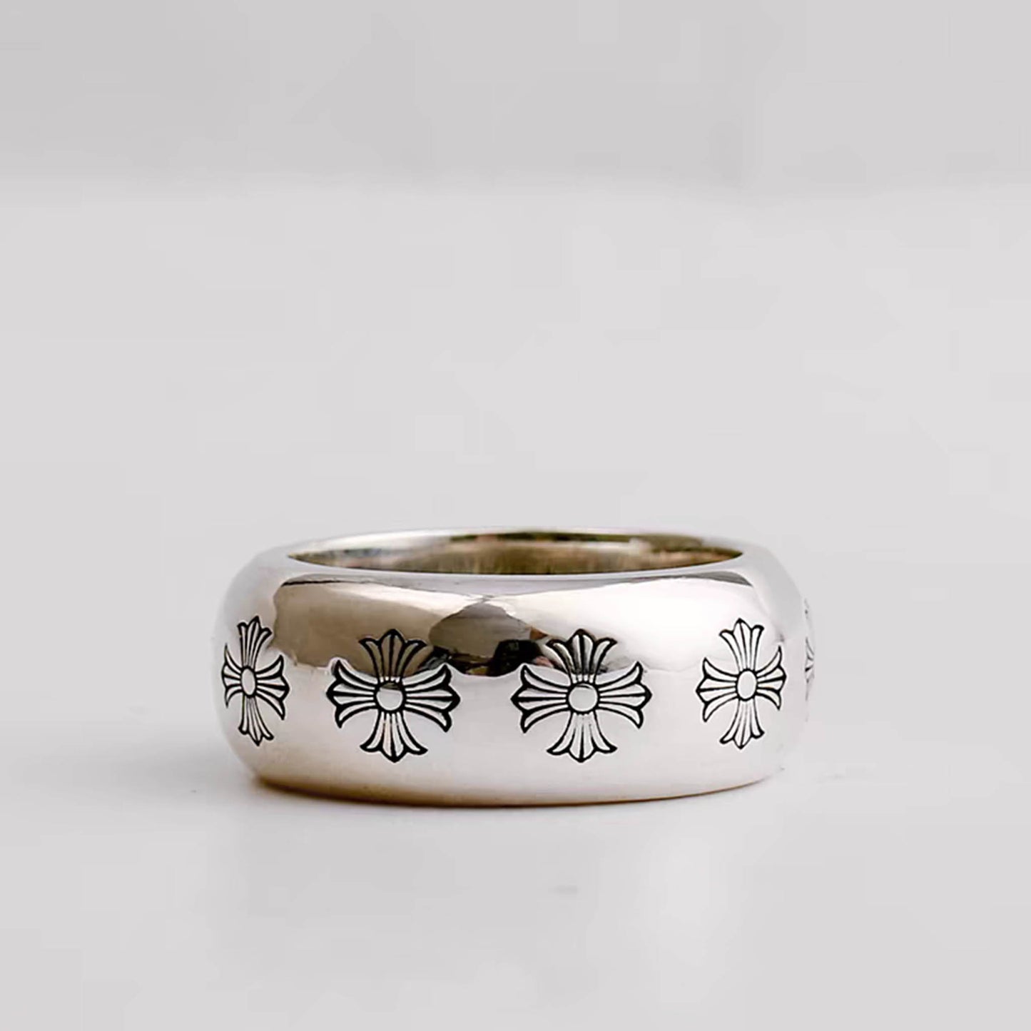 Sterling Silver Gothic Cross Flower Engraved Ring, Silver Punk Statement Ring, Couples Relationship Rings