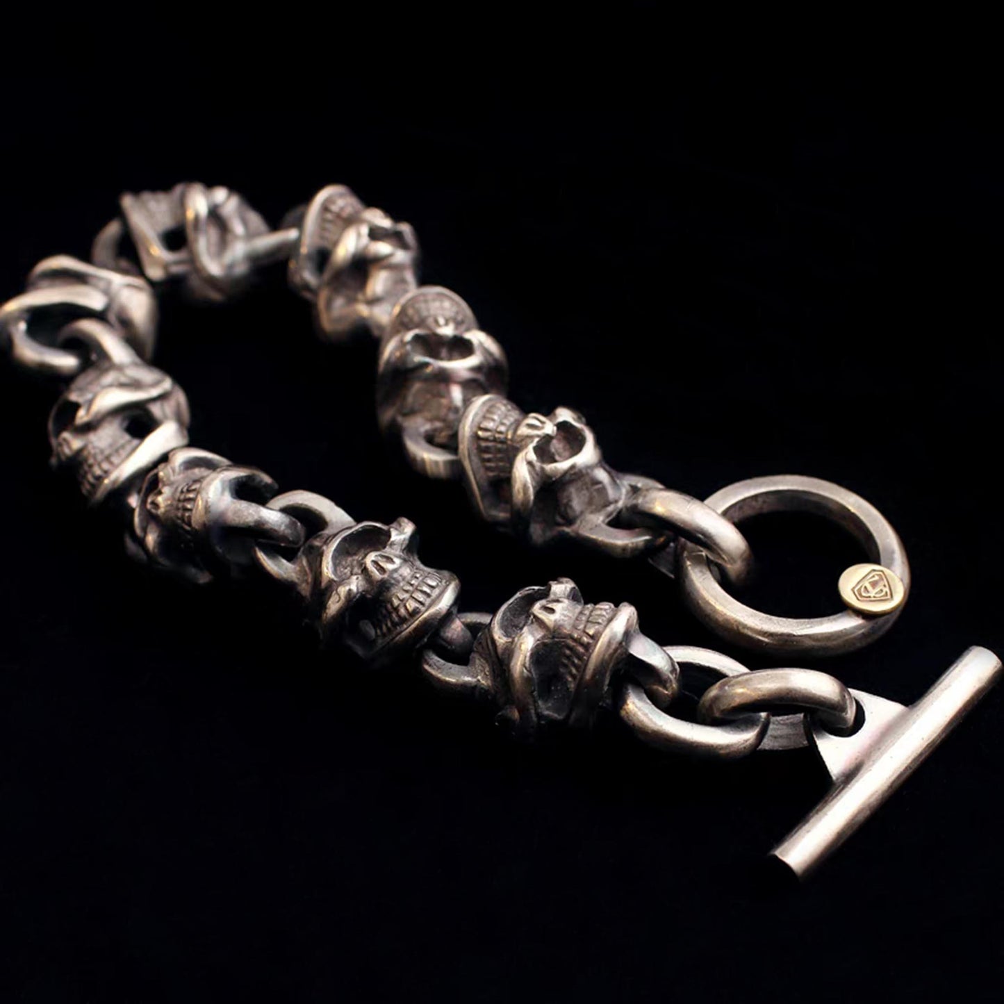 Sterling Silver Link Bracelet, Gothic One-eyed Skull Solid Silver Bracelets, Punk Chunky Chain Bracelet