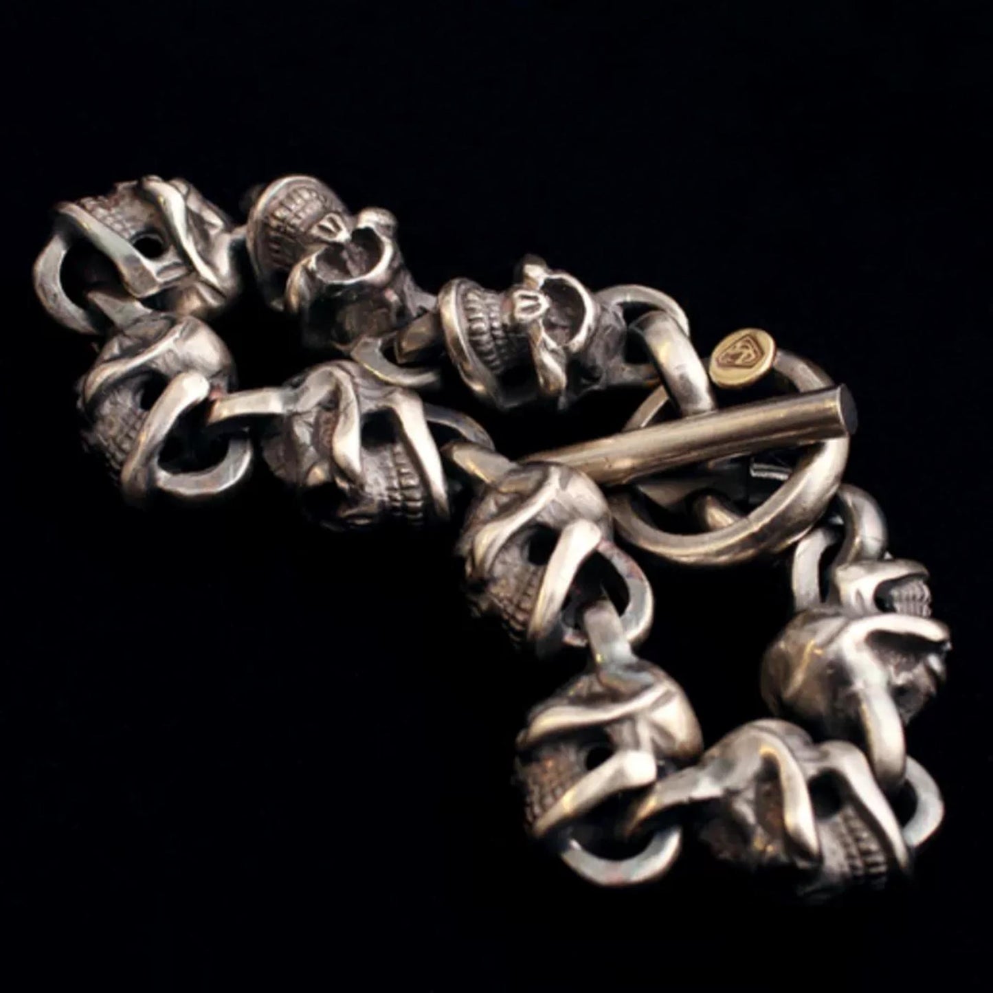 Sterling Silver Link Bracelet, Gothic One-eyed Skull Solid Silver Bracelets, Punk Chunky Chain Bracelet