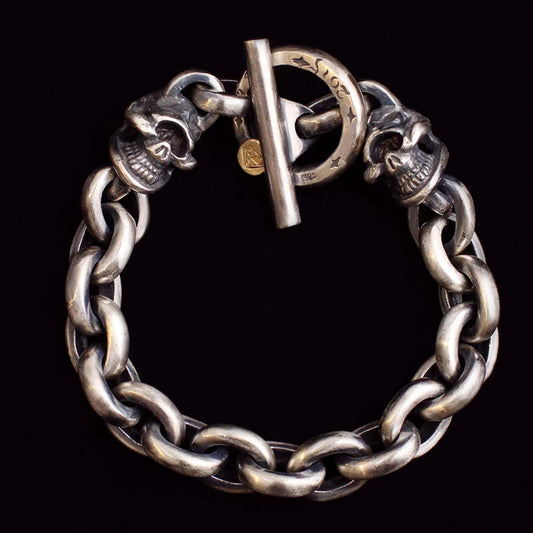 Sterling Silver Chain Bracelet, Gothic Empty-eyed Skull Solid Silver Bracelets, Punk Chunky Chain Bracelet