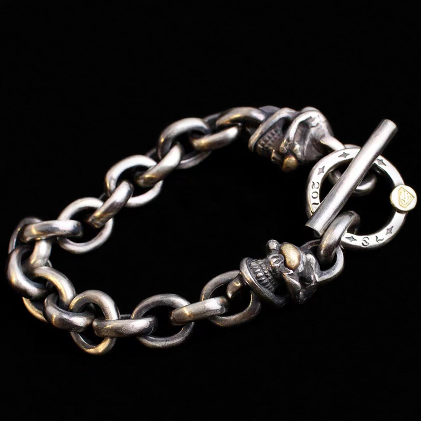 Sterling Silver Link Bracelet, Gothic Brass One-eyed Skull Solid Silver Bracelets, Punk Chunky Chain Bracelet