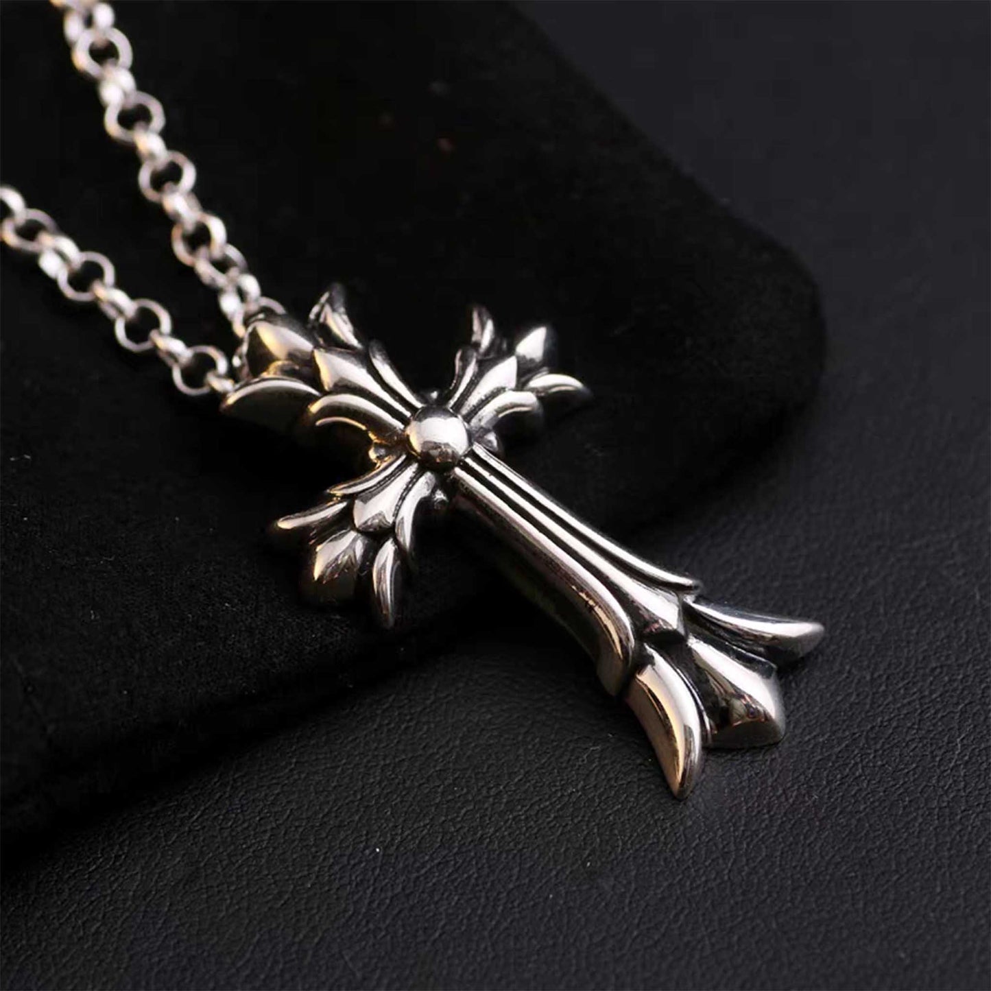 Sterling Silver Necklace Pendant, Gothic Small Double Layer Cross Silver Pendant Rolo Chain Necklace