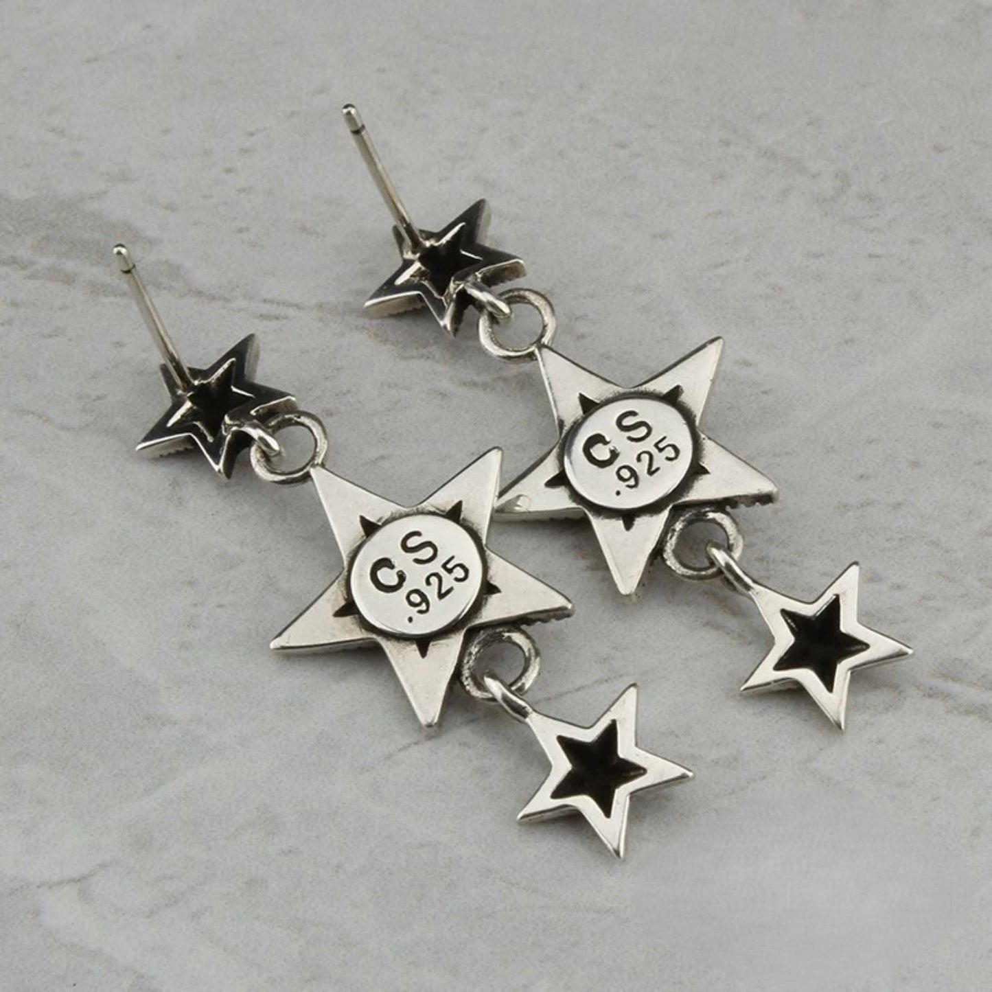 Cody Sanderson Gothic Three Stars Tassel Earring, Sterling Silver Punk Statement Dangle Earrings