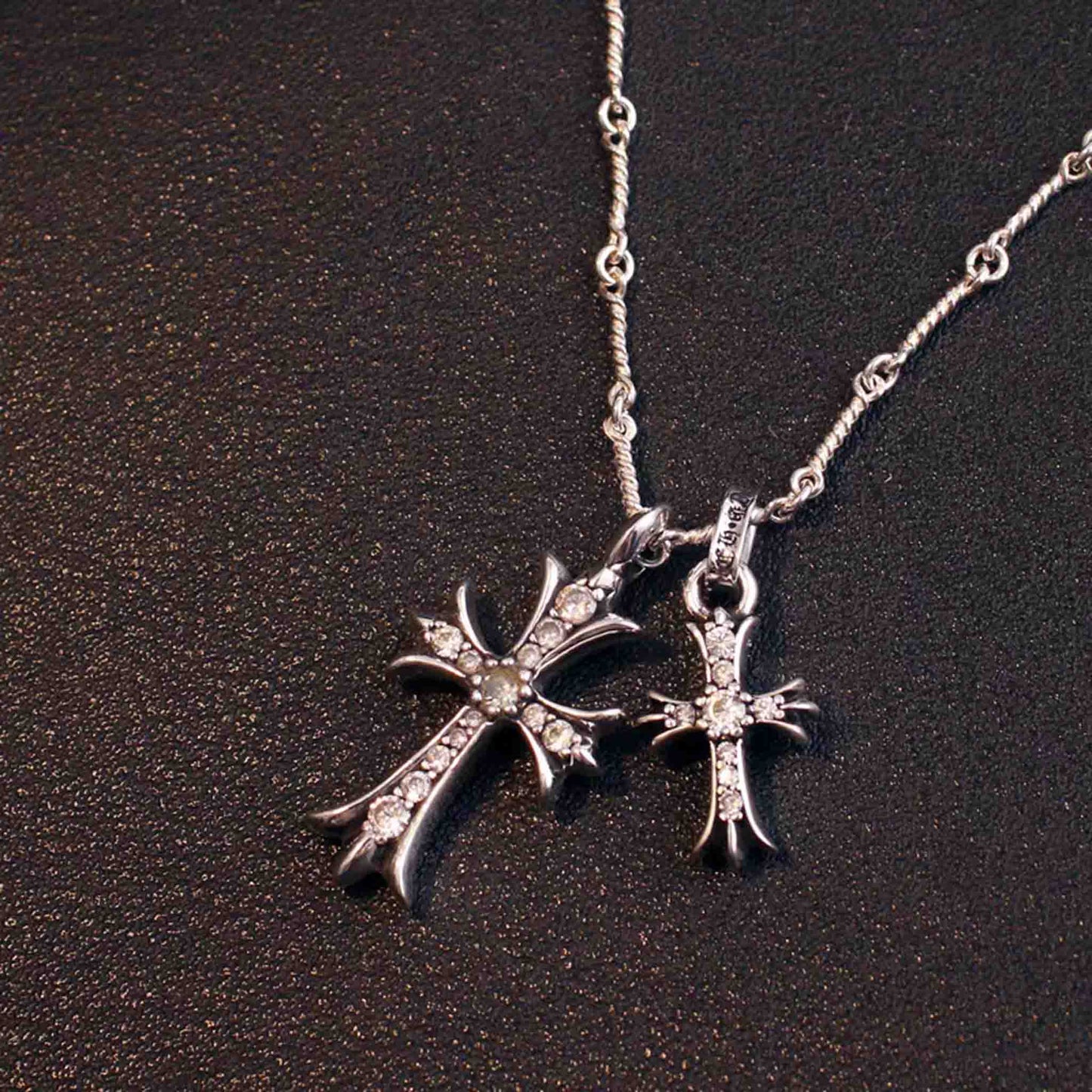 Sterling Silver Double Crosses Necklace, Gems Inlaid Cross Pendant Necklace with Twist Chain