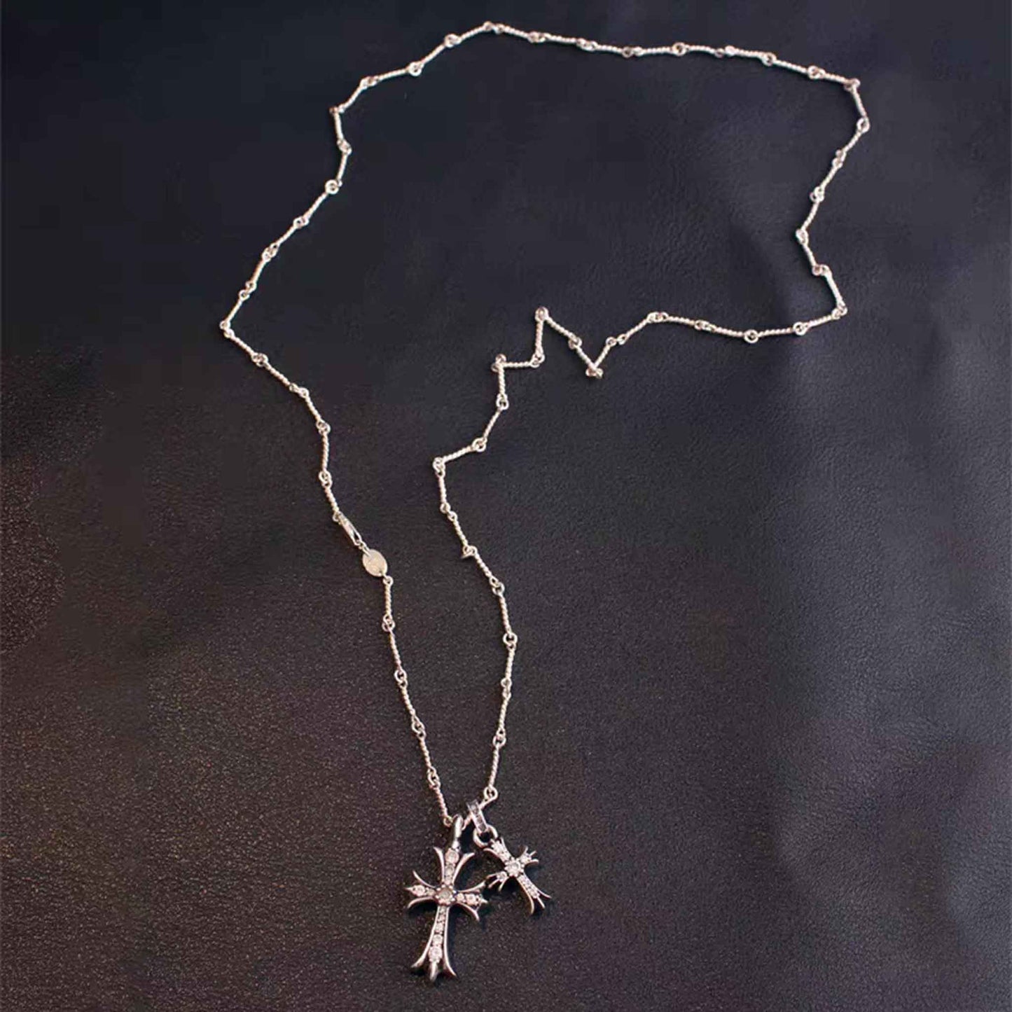 Sterling Silver Double Crosses Necklace, Gems Inlaid Cross Pendant Necklace with Twist Chain